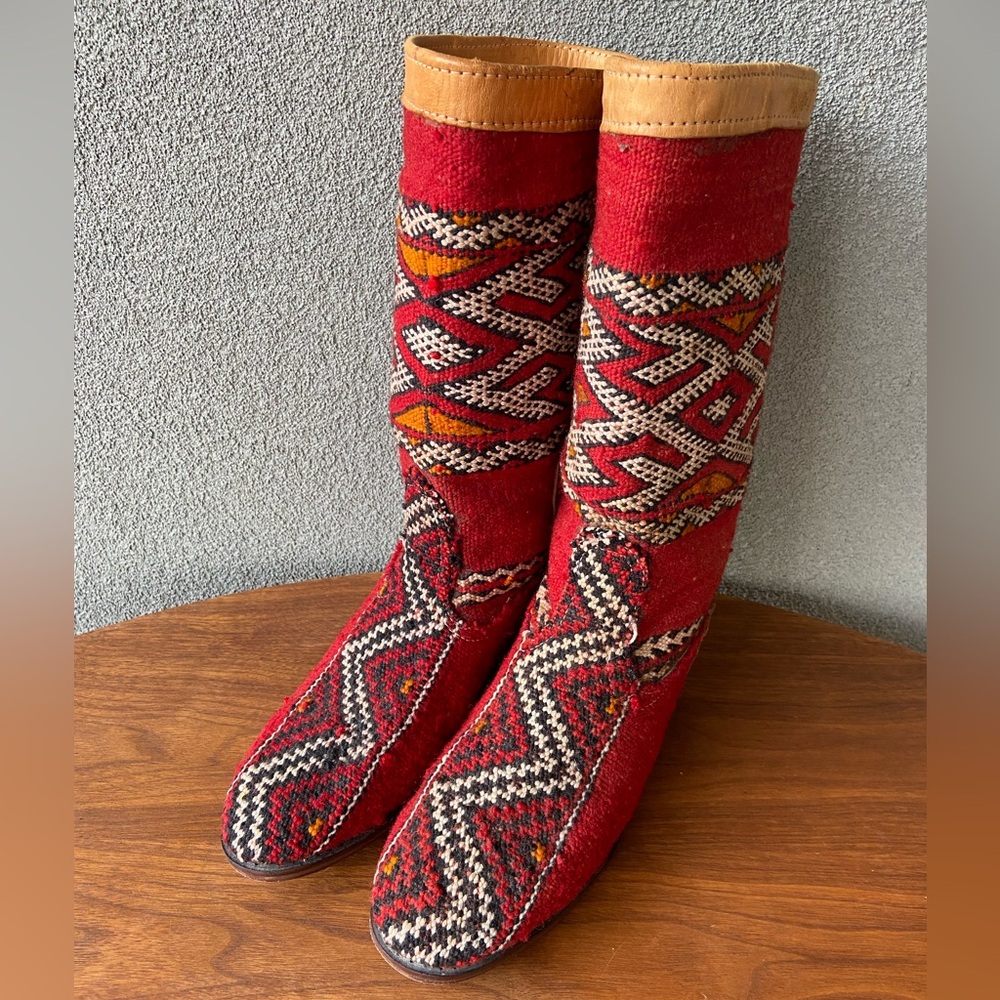 Vintage Moroccan Kilim Boots, Leather Boots Women Size 10, Leather Wool Boots,